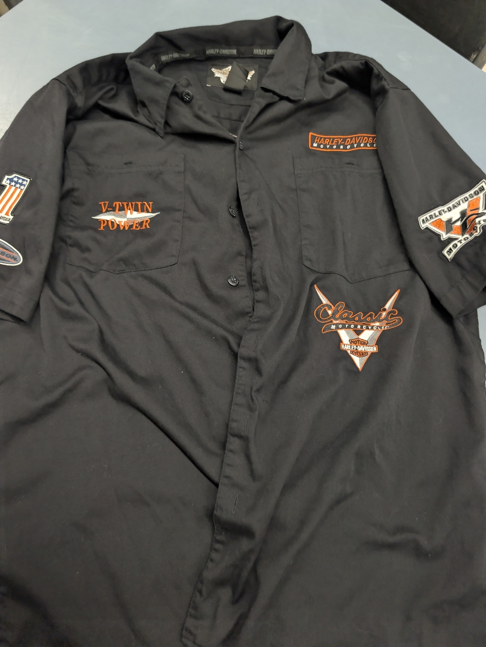 Harley-Davidson Black Short-Sleeve Button-Down Shirt with Orange Patches